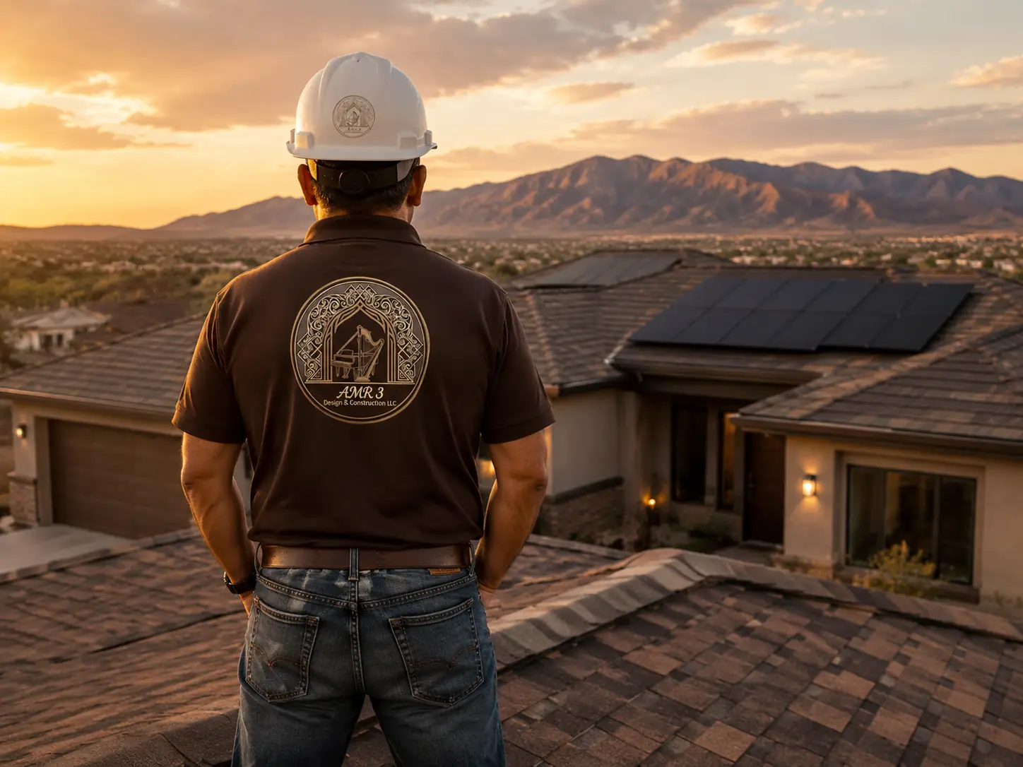 AMR 3 Design & Construction technician overlooking a New Mexico home with integrated roofing and solar at sunset