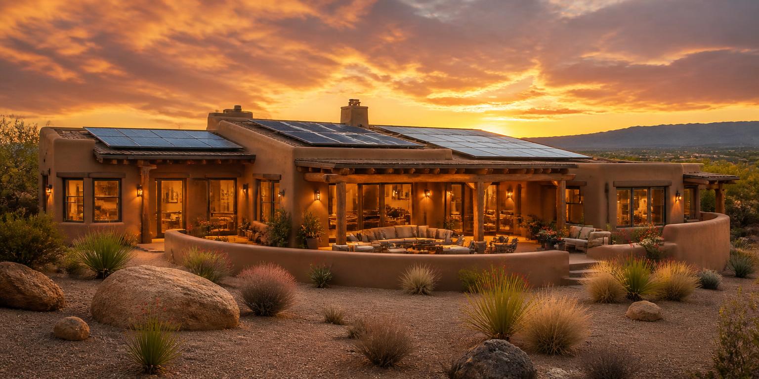Modern New Mexico adobe home with a new roof and integrated solar array at golden hour