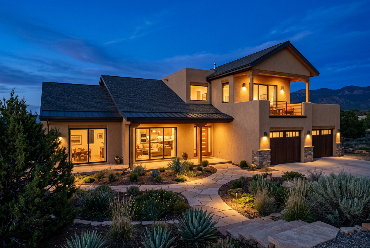 Modern New Mexico home at twilight