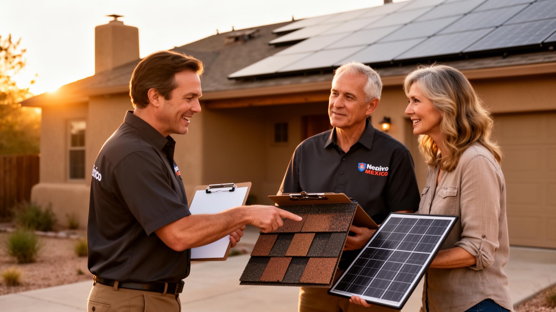AMR 3 Design & Construction contractor explaining roofing and solar options to a homeowner couple in front of a New Mexico home at golden hour
